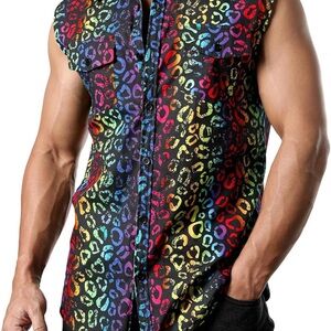 Jogal Men’s Sleeveless Button-Down Shirt Rainbow Leopard Print Size Small - NWT